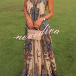 Chapel Linen Blend Floral Print Cutout Tie-up Waist Pocket Halter Backless Maxi Dress