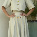 Custom Look Linen Blend Unique Metal Pattern Buttons Slit Half Sleeve Crop Jacket