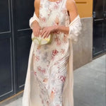 Riviera Unique Print Slit Tank Midi Dress and Satin Kimono Cover-up Two Pieces Set