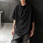 Drawstring Neckline Padded Shoulder T-shirt