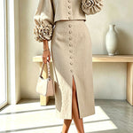 Linen Blend Flowers Buttons Floral Cuffs Sleeve Top and Elastic Waist Pocket Midi Skirt Set