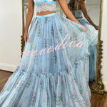 Vita Floral Satin Bow Lace Back Lace-up Crop Tank and Tulle High Rise A-line Maxi Skirt Set