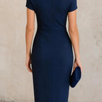Solid Color Short-sleeved Fitted Waist Pleated Elegant Midi Dress