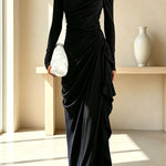 Elegant High Neck Long Sleeve Pleated Draped Fitted Maxi Dress