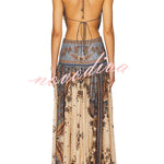 Chapel Linen Blend Floral Print Cutout Tie-up Waist Pocket Halter Backless Maxi Dress