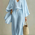 Linen Blend Solid Color Loose Cardigan V-neck Sleeveless Vest and Elastic Waist Pocket Straight Leg Pants Three-piece Set