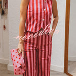 City Outfit Colorful Stripes Button Up Vest and Elastic Waist Pocket Loose Pants Set