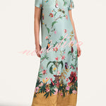 Mezcal Satin Floral Print Contrast Color Printed Short Sleeve Pocket Feather Trim Maxi Dress