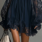 Fiorella™ | Mini Navy Chiffon Dress with Off-the-Shoulder Neckline, Lace Details, and Sheer Sleeves