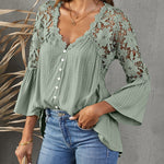 Zeagoo Lace Boho Blouses Crochet Flowy Bell Sleeve Button Down Casual T Shirts