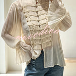 French Romantic Metal Button-down Pleated Ruffle Sleeve Napoleon Shirt