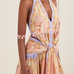 Chapel Linen Blend Floral Print Cutout Tie-up Waist Pocket Halter Backless Maxi Dress