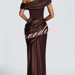 Ella Satin Detachable Asymmetric Off Shoulder Drape Panel Back Lace-up Maxi Dress