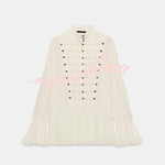 French Romantic Metal Button-down Pleated Ruffle Sleeve Napoleon Shirt