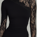 Black turtleneck lace asymmetrical tulle long-sleeved mini dress