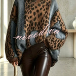 Retro-chic Knit Leopard Print Patchwork High Neck Long Sleeve Loose Sweater