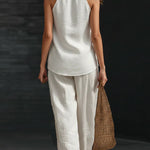 Linen Blend Solid Color V-neck Sleeveless Loose Top and Elastic Waist Casual Pocket Pants Set