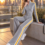 Retro Sporty Gray Ribbed Velvet Yellow Side-Stripe Stand-Collar Zip-Up Belted Wide-Leg Jumpsuit