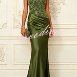 Nasha Floral Sequin Satin Boat Neck Short Sleeve Ruched Mermaid Gown Maxi Dress