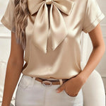 Solid Color Satin Collared Short-sleeved Tie Bow Casual Shirt