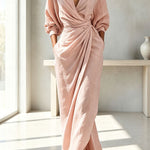 Linen Blend Loose V-neck Pleated Waist Casual Pocket Maxi Dress