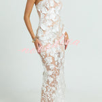 Sienna Floral Embroidered Fabric Off Shoulder Mermaid Silhouette Slit Maxi Dress