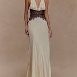 Deep V silk satin maxi dress with halterneck