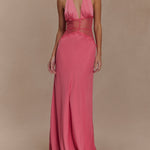 Deep V silk satin maxi dress with halterneck