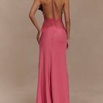 Deep V silk satin maxi dress with halterneck