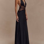 Deep V silk satin maxi dress with halterneck