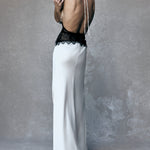 Deep V silk satin maxi dress with halterneck