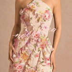 Dream Ode Lily Pad Style Pleats and Ruffles Halter Gown Maxi Dress