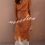 Stunning Fawn Print Contrast Color Satin Lace Trim Neck Strap Loose Tank