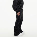 Dark Waxed Coated Ribbon Slightly Flared Mopping Stacked Denim Trousers