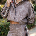 Rylee Colorblock Striped Star Print Zipper High Neck Pocket Sporty Jacket