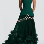 Serafina Strapless Back Lace-up Handcrafted Floral Appliqués Pleated Hem Gown Maxi Dress