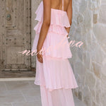 Solid Color Chiffon Halter Neck Elegant Ruffle Maxi Dress