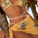 Gradient Floral Embellishment Tie-up Two-piece Stretch Bikini Swimsuit and Holiday Sheer Mini Skirt Set