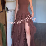 Elegant Sleeveless Off-shoulder Fitted Ruffled High Slit Maxi Dress