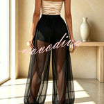 Semi-sheer Mesh Solid Color Mid Rise Patchwork Loose Lantern Pants