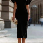 Solid Color Round Neck Ruffle Sleeve Elegant Slim-fit Midi Dress
