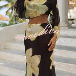 Floral Print Off-shoulder Long-sleeved Loose Top and Elegant Drawstring Maxi Skirt Set