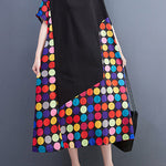 Loose Short Sleeves Multi-Colored Polka-Dot Split-Joint Round-Neck Midi Dresses