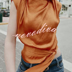 L'Aura Padded-Shoulder Wrap-Around Satin Top