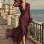 Elegant And Fashionable Burgundy Chiffon Snakeskin Pattern Ruffled Long-Sleeved Maxi Dress