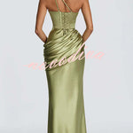 Emina Satin One Shoulder Asymmetrical Neck Cutout Back Lace-up Drape Maxi Dress
