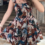 Fashionable Horse Print Square Neck Sleeveless Elegant Slim-fit Mini Dress
