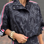 Rylee Colorblock Striped Star Print Zipper High Neck Pocket Sporty Jacket