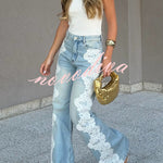 Elegant Street Style Denim Crochet Lace Trim High Rise Pocket Wide Leg Jeans