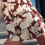 Botanical Print Collared Long-sleeved Loose-fitting Shirt and Elastic Waist Casual Shorts Set
